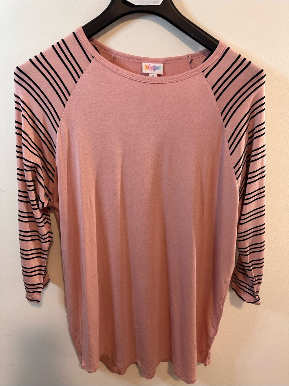 LuLaRoe Pink Raglan Top with Black Striped Sleeves XL